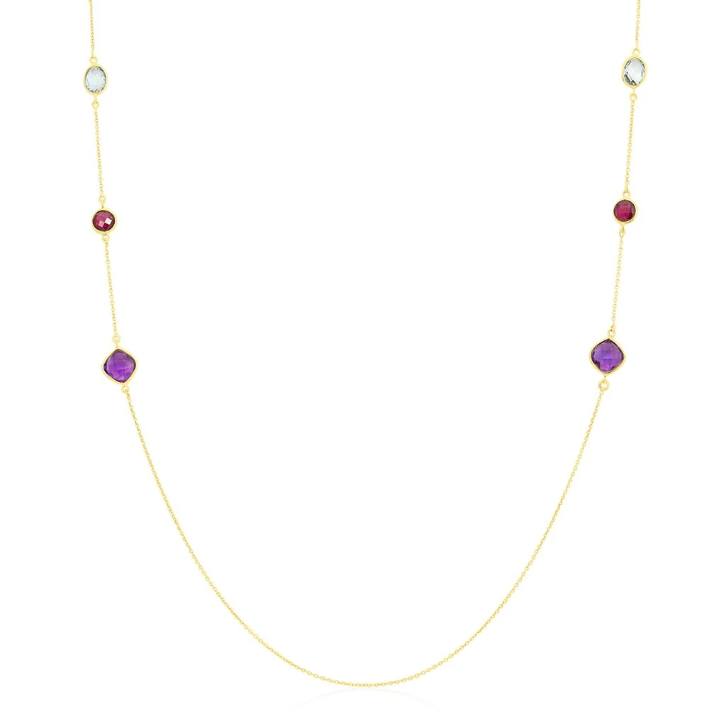 Collier Sautoir Or Jaune Rhodolite Et Amethyste Et Topaze