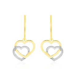 Boucles D'oreilles Pendantes Double Coeur Satines Or Bicolore