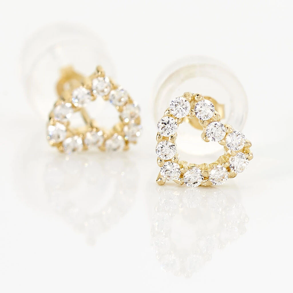 Boucles D'oreilles Puces Coeur Ajoure Or Jaune Oxyde De Zirconium – Image 3