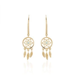 Boucles D'oreilles Pendantes Attrape Reves Plaque Or Pierre